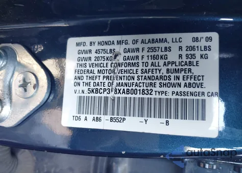 2010 Honda Accord 3.5 Ex-L z USA, uszkodzony, nr VIN 5KBCP3F8XAB001832